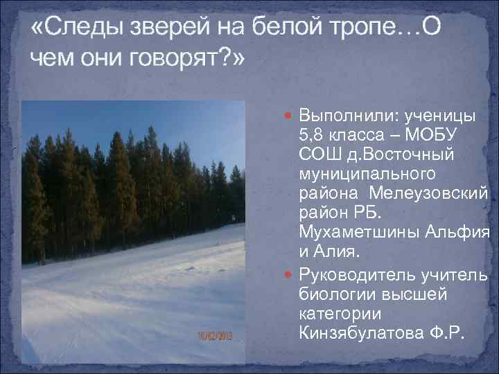  «Следы зверей на белой тропе…О чем они говорят? » Выполнили: ученицы 5, 8