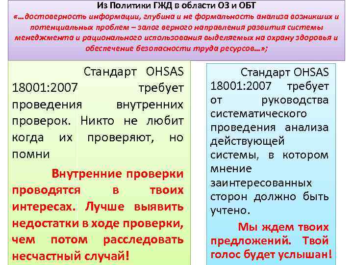 Из Политики ГЖД в области ОЗ и ОБТ «…достоверность информации, глубина и не формальность