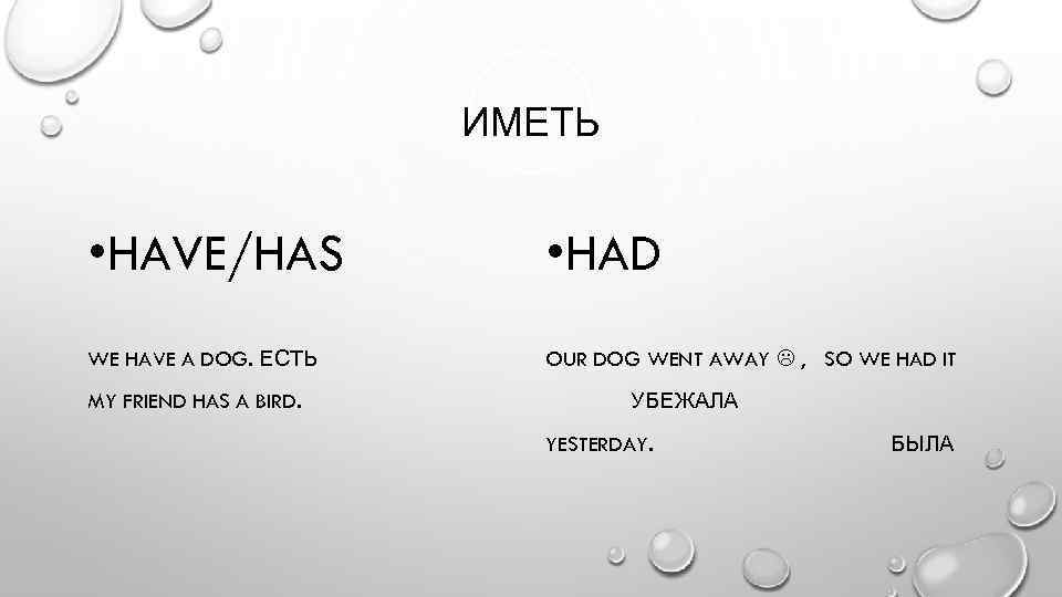 ИМЕТЬ • HAVE/HAS • HAD WE HAVE A DOG. ЕСТЬ OUR DOG WENT AWAY