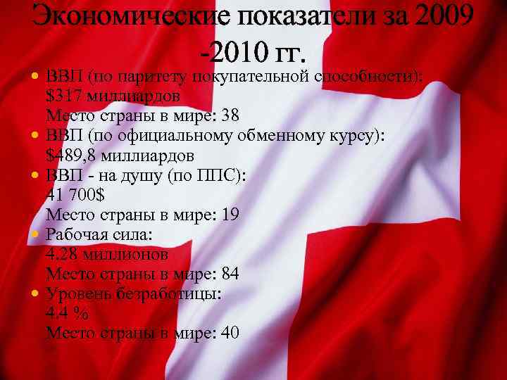 Экономические показатели за 2009 -2010 гг. ВВП (по паритету покупательной способности): $317 миллиардов Место