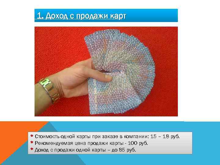 1. Доход с продажи карт * Стоимость одной карты при заказе в компании: 15