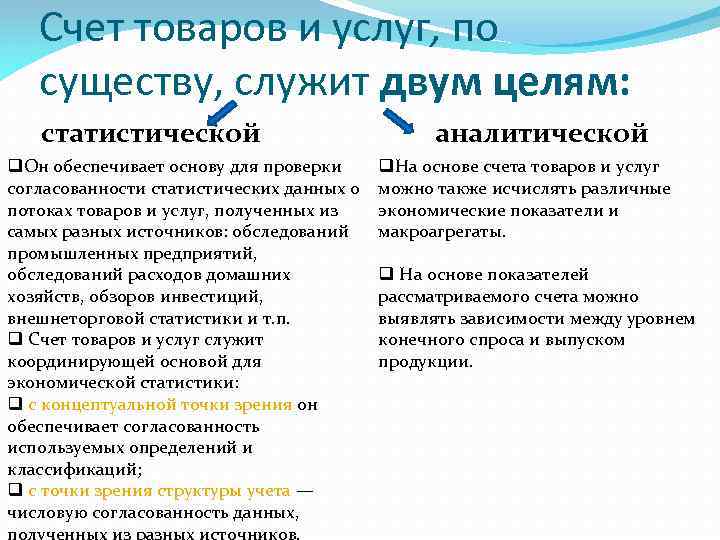 Счет товаров и услуг, по существу, служит двум целям: статистической q. Он обеспечивает основу