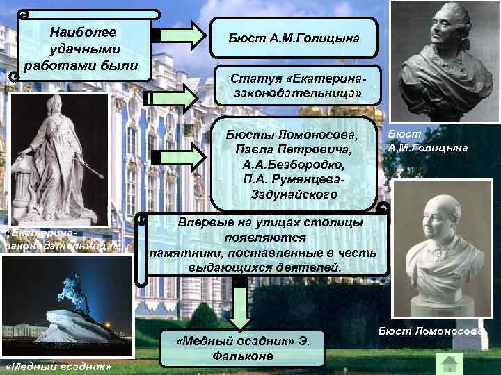 Наиболее удачными работами были Бюст А. М. Голицына Статуя «Екатериназаконодательница» Бюсты Ломоносова, Павла Петровича,