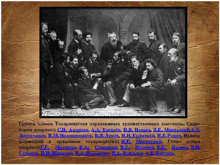 Группа членов Товарищества передвижных художественных выставок. Сидят (слева направо): С. Н. Аммосов, А. А.