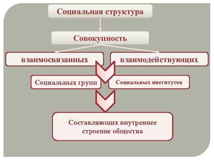 Социальная структура Совокупность взаимосвязанных Социальных групп взаимодействующих Социальных институтов Составляющих внутреннее строение общества 