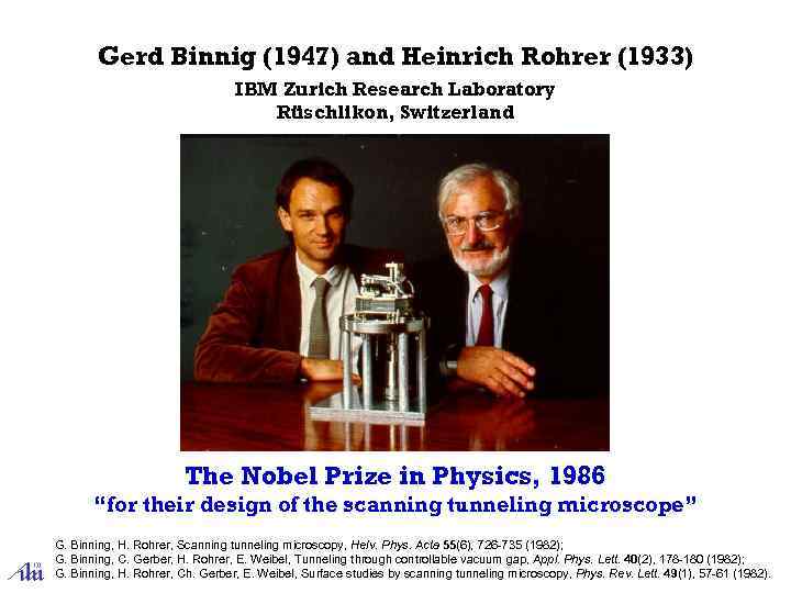 Gerd Binnig (1947) and Heinrich Rohrer (1933) IBM Zurich Research Laboratory Rüschlikon, Switzerland The