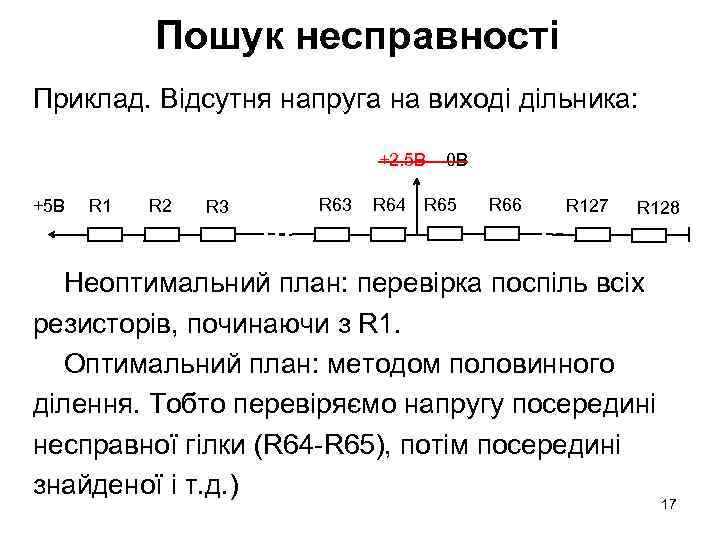 Пошук несправності Приклад. Відсутня напруга на виході дільника: +2. 5 В 0 В +5