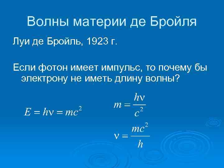 Волны материи де Бройля Луи де Бройль, 1923 г. Если фотон имеет импульс, то