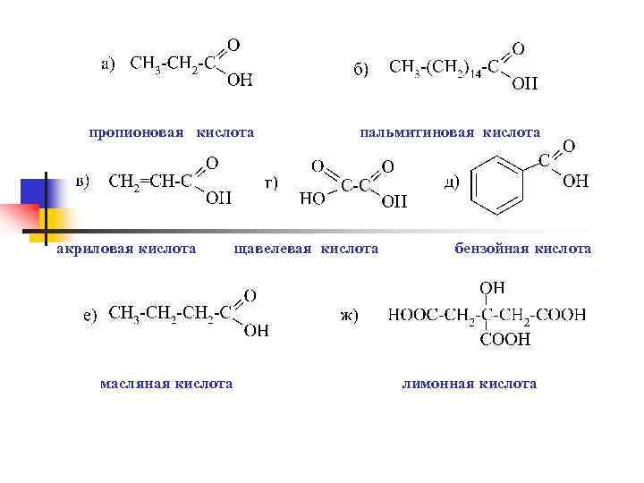 пропионовая кислота акриловая кислота масляная кислота пальмитиновая кислота щавелевая кислота бензойная кислота лимонная кислота