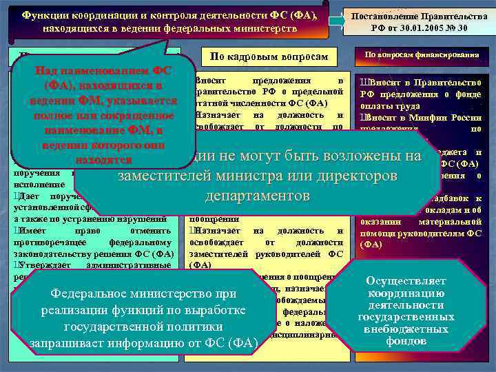 Функции координации и контроля деятельности ФС (ФА), находящихся в ведении федеральных министерств По организации