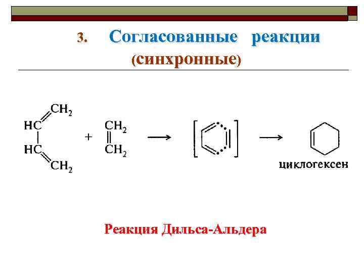  3. Согласованные реакции (синхронные) Реакция Дильса-Альдера 