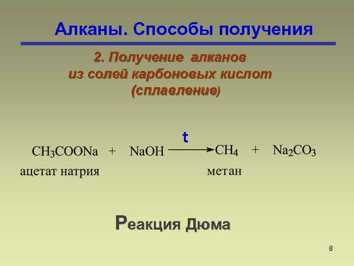 Алканы. Способы получения 2. Получение алканов из солей карбоновых кислот (сплавление) t Реакция Дюма