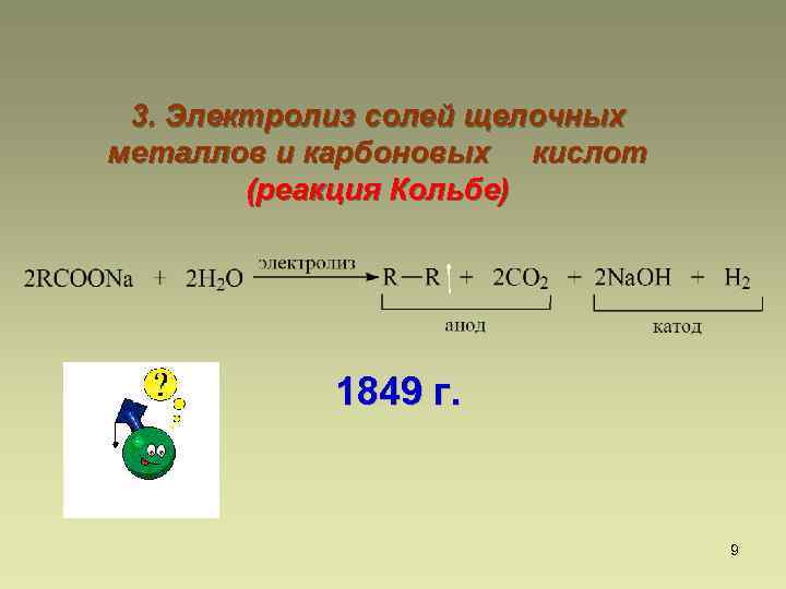 3. Электролиз солей щелочных металлов и карбоновых кислот (реакция Кольбе) 1849 г. 9 