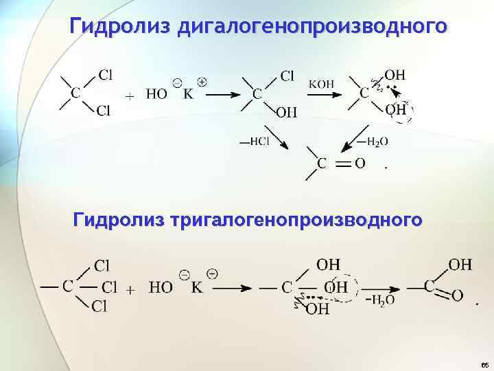 Гидролиз дигалогенопроизводного Гидролиз тригалогенопроизводного 65 