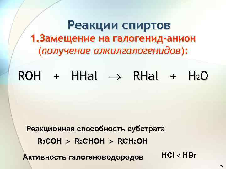 Реакции спиртов 1. Замещение на галогенид-анион (получение алкилгалогенидов): ROH + HHal RHal + H