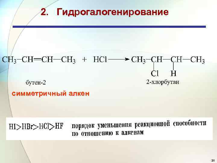 2. Гидрогалогенирование симметричный алкен 20 