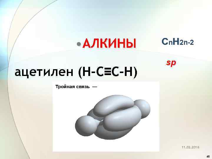  • АЛКИНЫ ацетилен (H-C≡C-H) 45 Сn. H 2 n-2 sp 11. 02. 2018