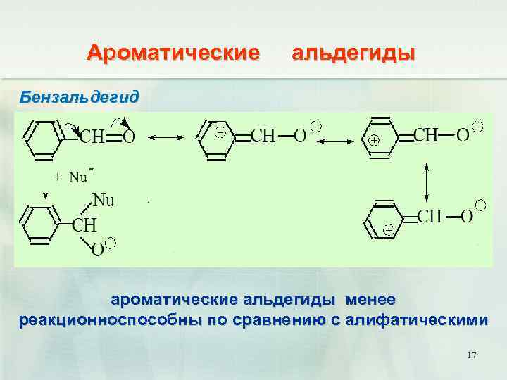 Ароматические альдегиды Бензальдегид - ароматические альдегиды менее реакционноспособны по сравнению с алифатическими 17 