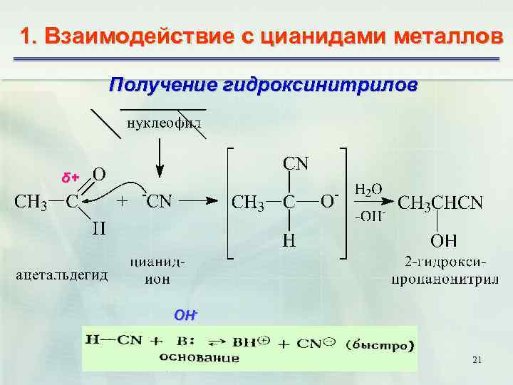 1. Взаимодействие с цианидами металлов Получение гидроксинитрилов δ+ ОН 21 
