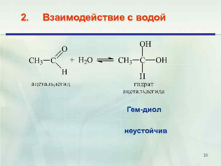 2. Взаимодействие с водой Гем-диол неустойчив 23 