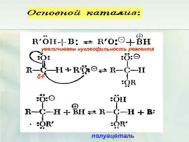 увеличиваем нуклеофильность реагента δ+ полуацеталь 