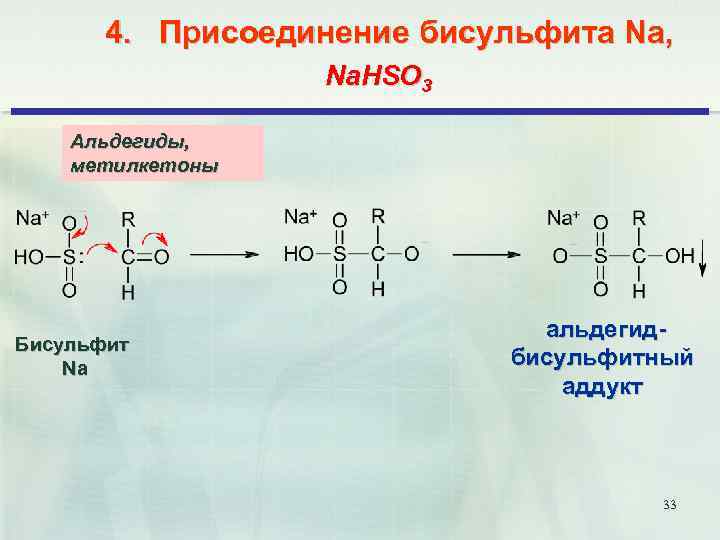 4. Присоединение бисульфита Na, Na. HSO 3 Альдегиды, метилкетоны Бисульфит Na альдегидбисульфитный аддукт 33