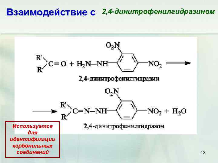Взаимодействие с Используется для идентификации карбонильных соединений 2, 4 -динитрофенилгидразином 45 
