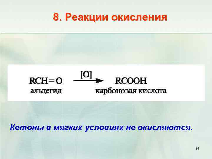8. Реакции окисления Кетоны в мягких условиях не окисляются. 54 