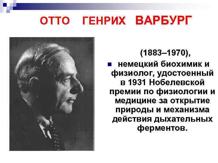 ОТТО ГЕНРИХ ВАРБУРГ (1883– 1970), n немецкий биохимик и физиолог, удостоенный в 1931 Нобелевской