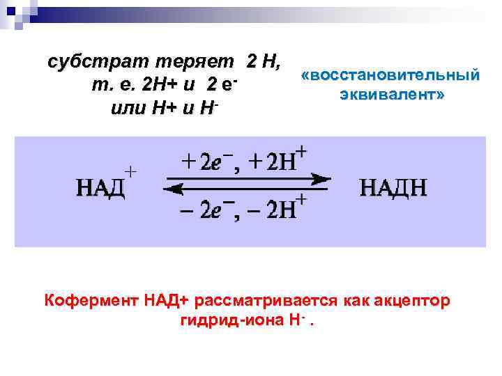 субстрат теряет 2 Н, «восстановительный т. е. 2 Н+ и 2 е эквивалент» или