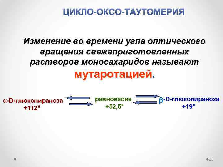 ЦИКЛО-ОКСО-ТАУТОМЕРИЯ Изменение во времени угла оптического вращения свежеприготовленных растворов моносахаридов называют мутаротацией. α-D-глюкопираноза +112°