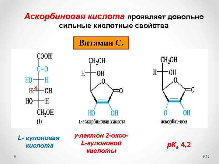 Аскорбиновая кислота проявляет довольно сильные кислотные свойства Витамин С. 4 L- гулоновая кислота -лактон