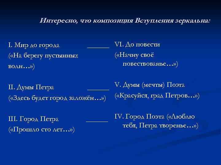 Интересно, что композиция Вступления зеркальна: I. Мир до города ( «На берегу пустынных волн…»