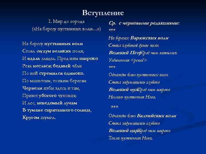 Вступление I. Мир до города ( «На берегу пустынных волн…» ) На берегу пустынных