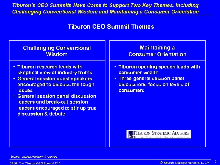 Tiburon’s CEO Summits Have Come to Support Two Key Themes, Including Challenging Conventional Wisdom