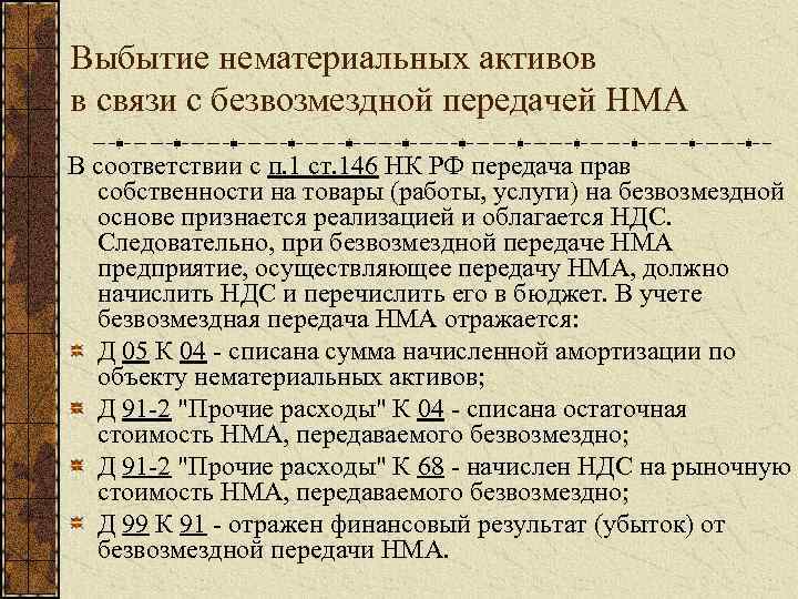 Выбытие нематериальных активов в связи с безвозмездной передачей НМА В соответствии с п. 1
