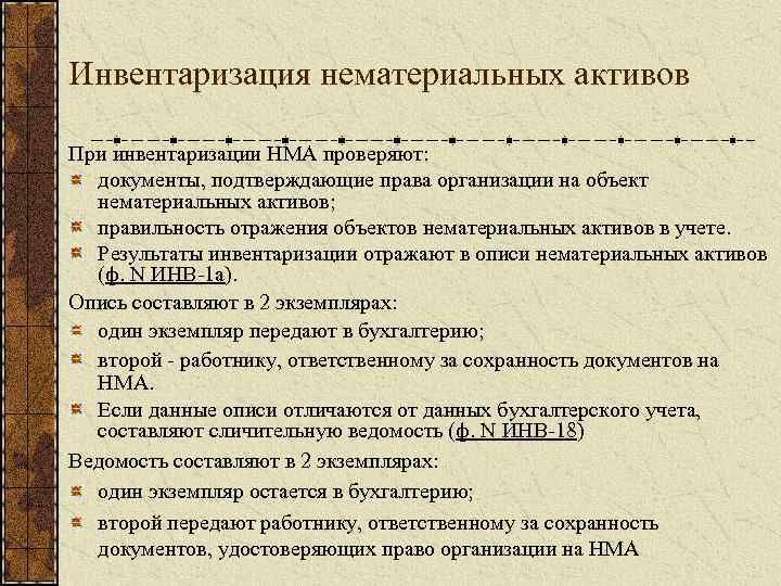 Инвентаризация нематериальных активов При инвентаризации НМА проверяют: документы, подтверждающие права организации на объект нематериальных