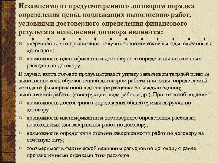 Независимо от предусмотренного договором порядка определения цены, подлежащих выполнению работ, условиями достоверного определения финансового