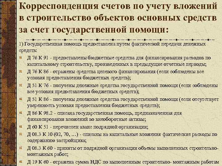 Корреспонденция счетов по учету вложений в строительство объектов основных средств за счет государственной помощи: