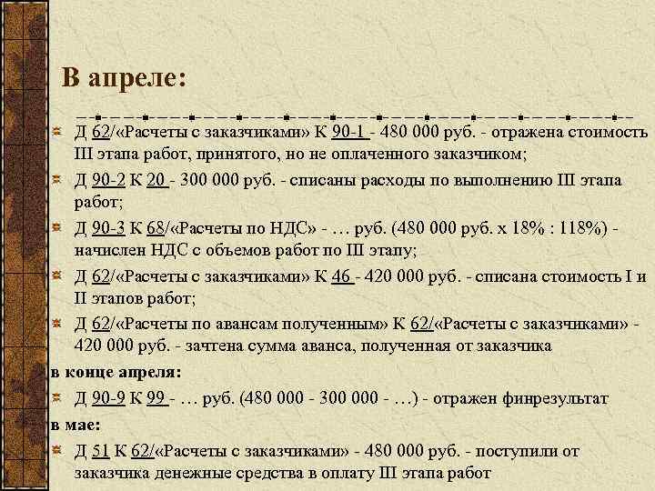 В апреле: Д 62/ «Расчеты с заказчиками» К 90 -1 - 480 000 руб.