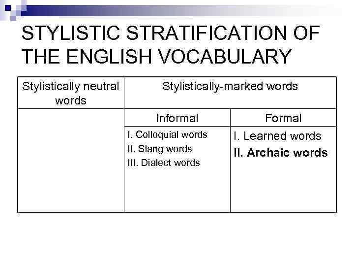 STYLISTIC STRATIFICATION OF THE ENGLISH VOCABULARY Stylistically neutral words Stylistically-marked words Informal I. Colloquial