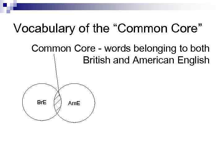 Vocabulary of the “Common Core” Common Core - words belonging to both British and