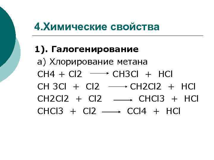 4. Химические свойства 1). Галогенирование а) Хлорирование метана СН 4 + Cl 2 CH