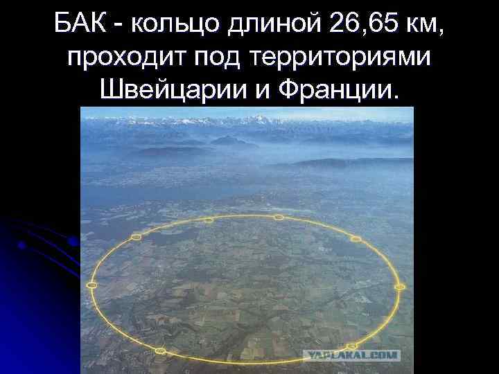 БАК - кольцо длиной 26, 65 км, проходит под территориями Швейцарии и Франции. 