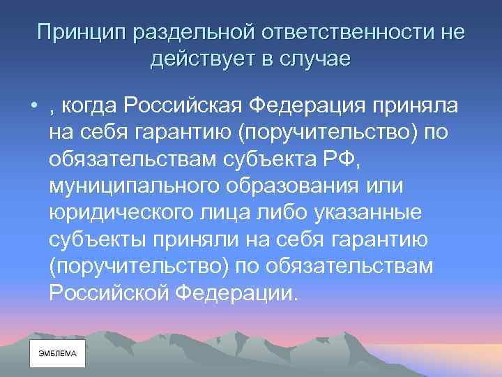 Принцип раздельной ответственности не действует в случае • , когда Российская Федерация приняла на
