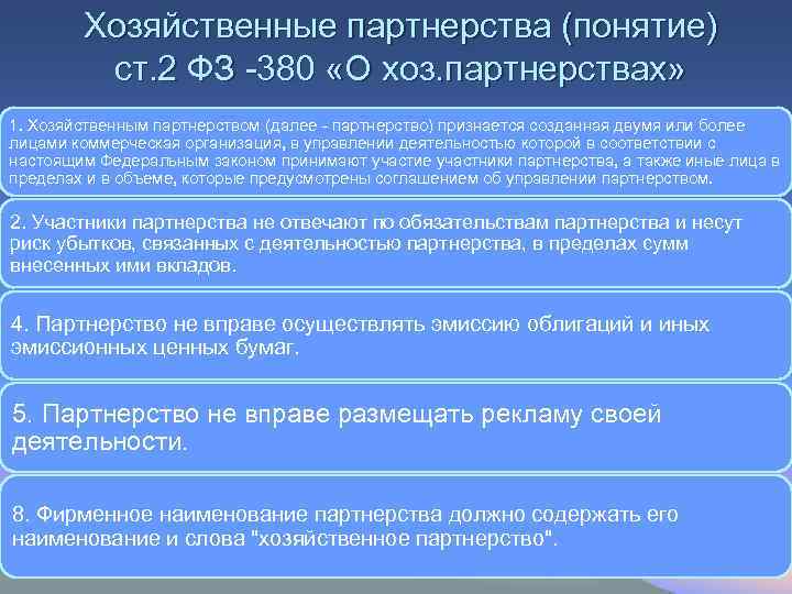 Хозяйственные партнерства (понятие) ст. 2 ФЗ -380 «О хоз. партнерствах» 1. Хозяйственным партнерством (далее