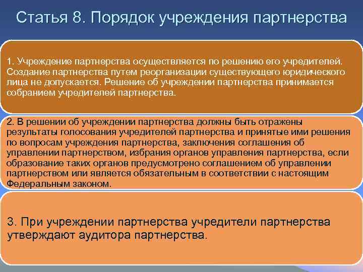 Статья 8. Порядок учреждения партнерства 1. Учреждение партнерства осуществляется по решению его учредителей. Создание