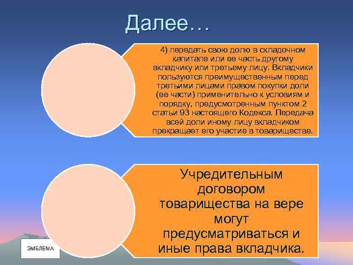 Далее… 4) передать свою долю в складочном капитале или ее часть другому вкладчику или