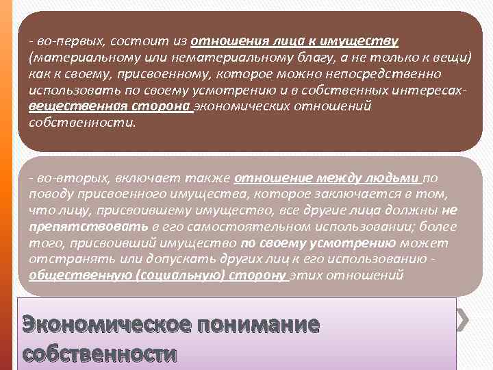 - во-первых, состоит из отношения лица к имуществу (материальному или нематериальному благу, а не