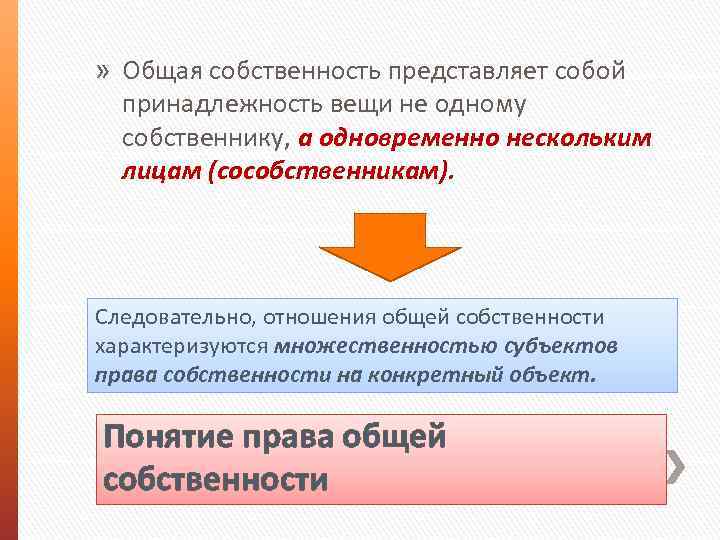 » Общая собственность представляет собой принадлежность вещи не одному собственнику, а одновременно нескольким лицам